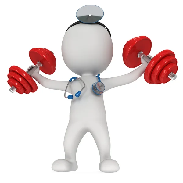 3d doctor with stethoscope and red dumbbells — Stok fotoğraf