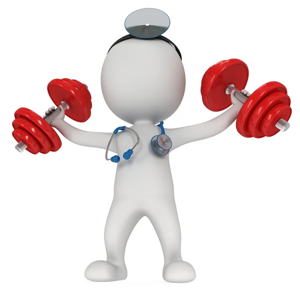 3d doctor with stethoscope and red dumbbells — Stockfoto