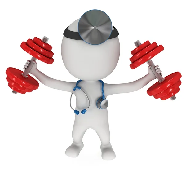 3d doctor with stethoscope and red dumbbells — Stockfoto