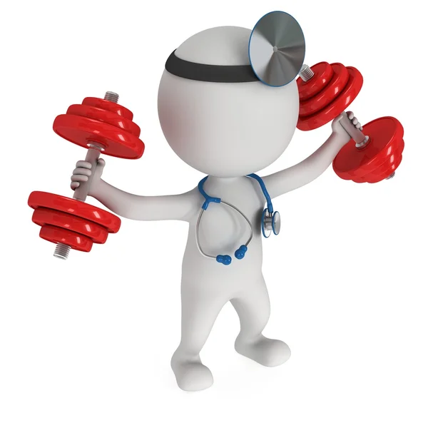 3d doctor with stethoscope and red dumbbells — Stock Photo, Image