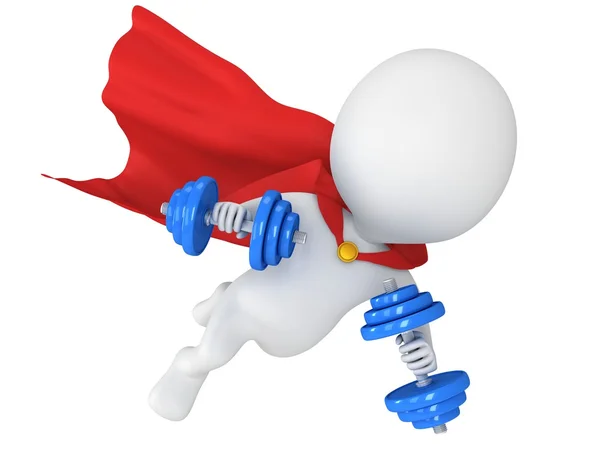 Brave superhero flying with dumbbells — Stockfoto