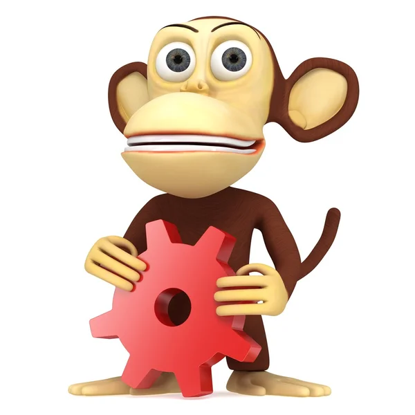 3d scimmia carina con ingranaggio rosso — Foto Stock