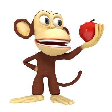 Kırmızı elma ile 3D sevimli maymun