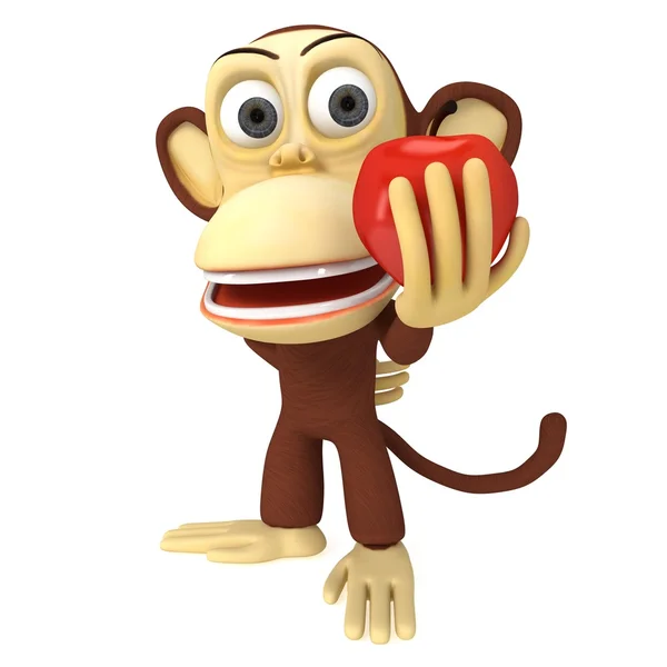 3d cute monkey with red apple — Stock Photo, Image