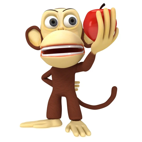 3d cute monkey with red apple — Stock Photo, Image