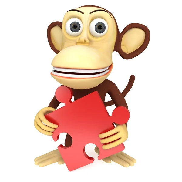 3D lustige Affen mit rotem Puzzle — Stockfoto