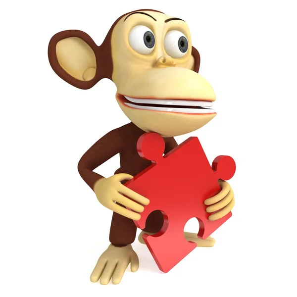 3d cute monkey with red puzzle — Stock Photo, Image