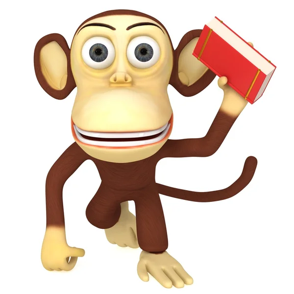 3d funny monkey with red book — Stock Photo, Image