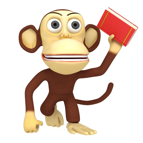 3d funny monkey with red book — Stock Photo, Image