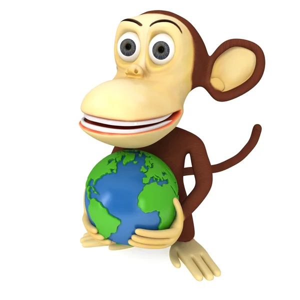 3d engraçado macaco com terra globo — Fotografia de Stock