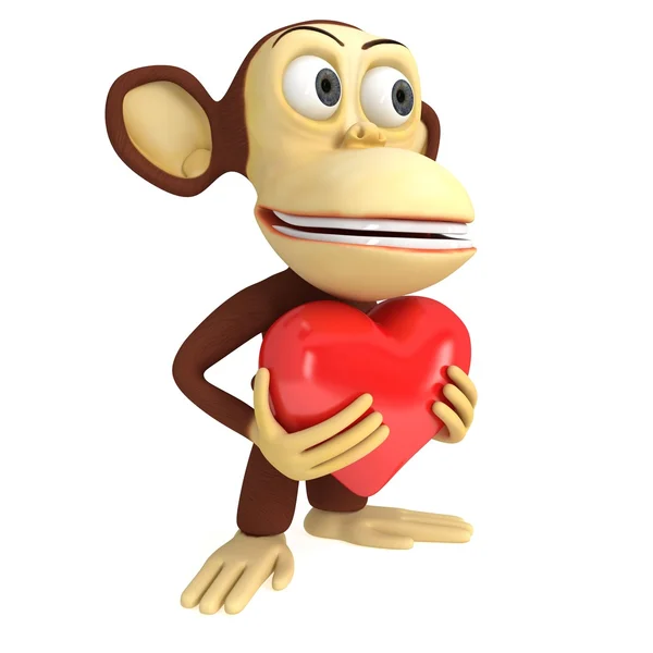 3d engraçado macaco com coração vermelho — Fotografia de Stock