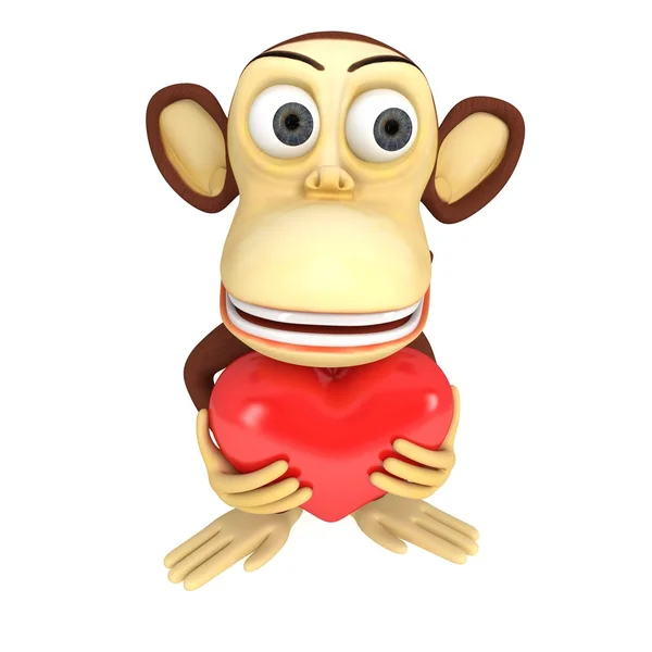 Kırmızı kalp ile 3D komik maymun — Stok fotoğraf