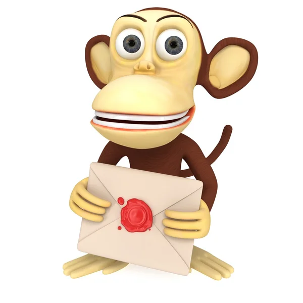 3d divertente scimmia tenere busta con sigillo di cera rossa — Foto Stock