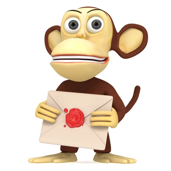 3d engraçado macaco segurar envelope com selo de cera vermelha — Fotografia de Stock