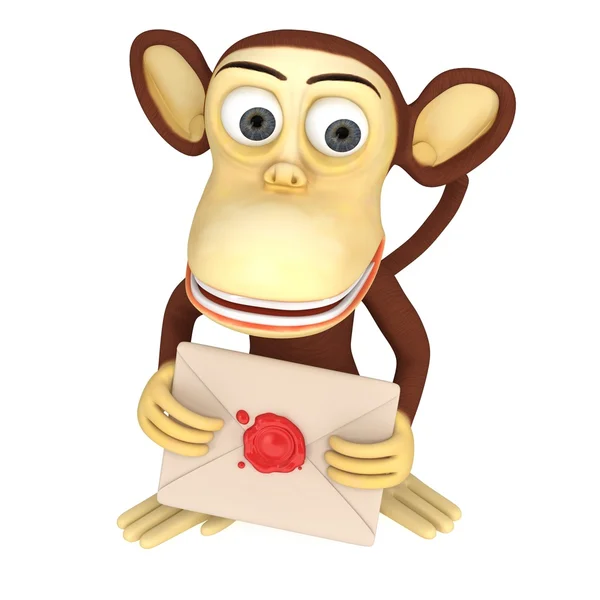 3D lustige Affen halten Umschlag mit rotem Wachssiegel — Stockfoto