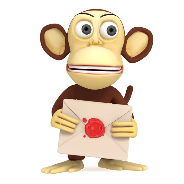 3D legrační opice drží obálku s červenou voskovou pečetí — Stock fotografie