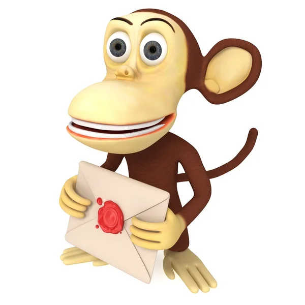 3d divertente scimmia tenere busta con sigillo di cera rossa — Foto Stock