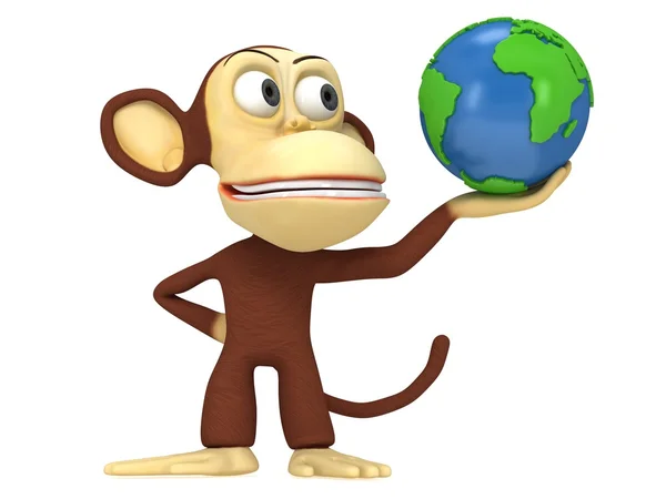 3d funny monkey with earth globe — Stock Photo, Image