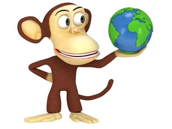 3d funny monkey with earth globe — Stock Photo, Image