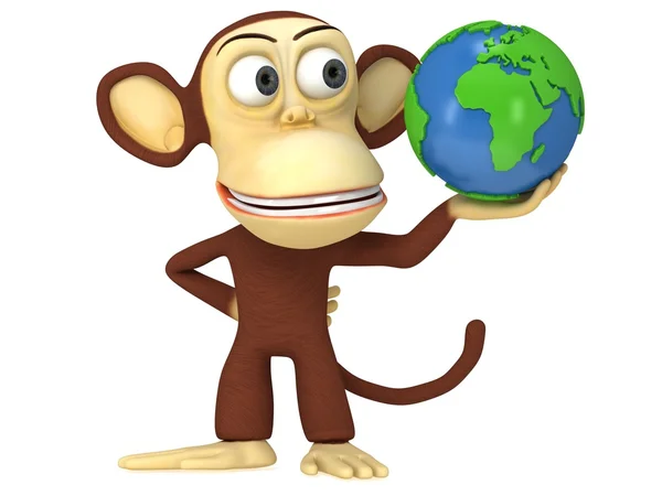 3d engraçado macaco com terra globo — Fotografia de Stock