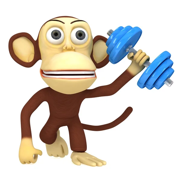 3D lustiger Affe mit blauer Hantel — Stockfoto