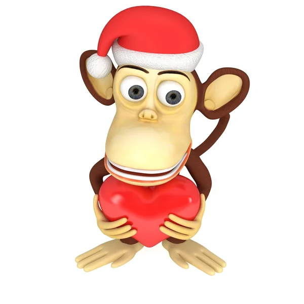 3d divertente scimmia Babbo Natale con cuore rosso — Foto Stock