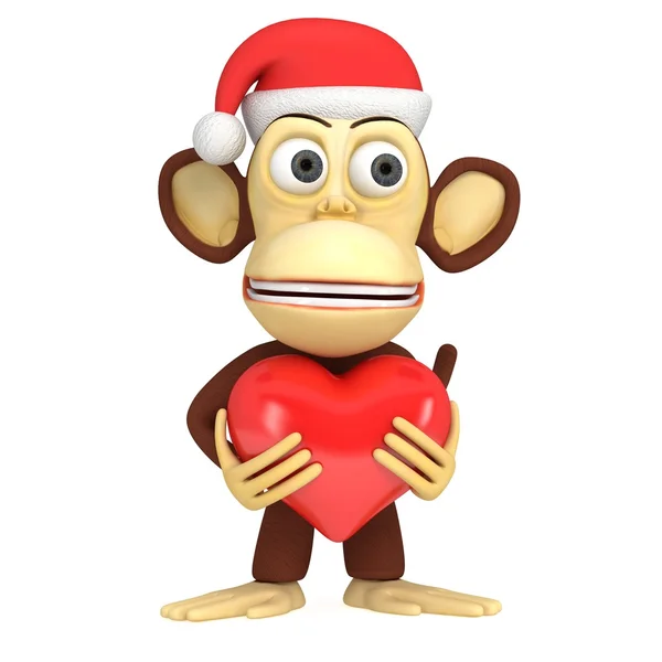 3D komik maymun Noel Baba ile kırmızı kalp — Stok fotoğraf