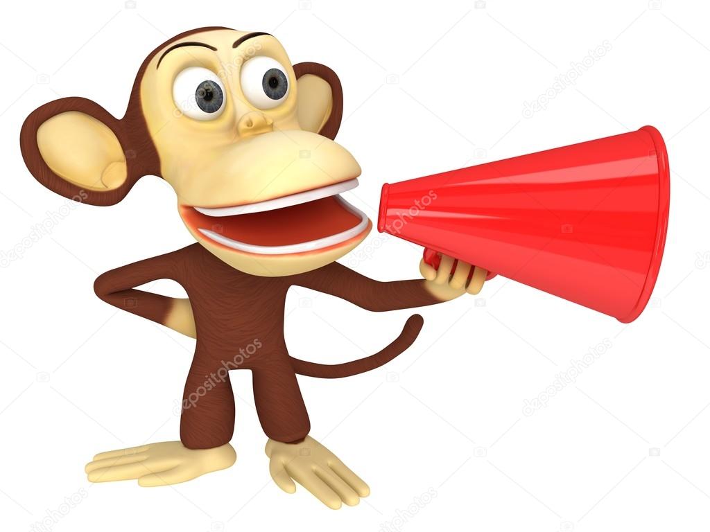 3d funny monkey with huge red loudspeaker