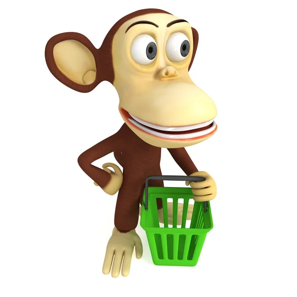 Macaco 3d com cesta de compras — Fotografia de Stock