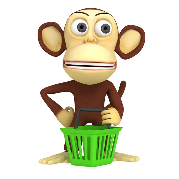 Macaco 3d com cesta de compras — Fotografia de Stock