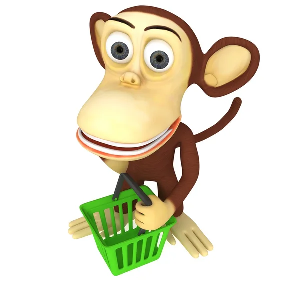 쇼핑 바구니와 함께 3d 원숭이 — 스톡 사진