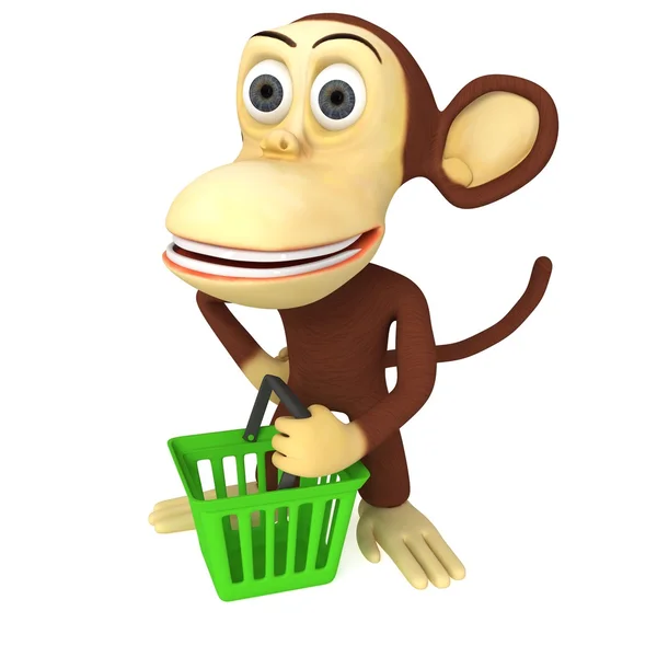 3d monyet dengan keranjang belanja — Stok Foto