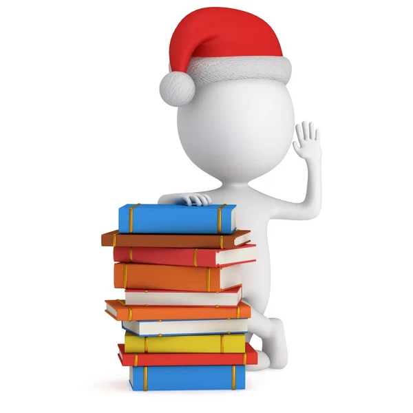 3D-santa claus staan in de buurt van stapel boeken — Stockfoto