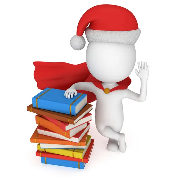 3d Santa Claus se tiennent près de pile de livres — Photo