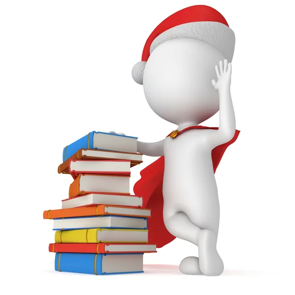 3d santa claus stand near pile of books — Stock Photo, Image