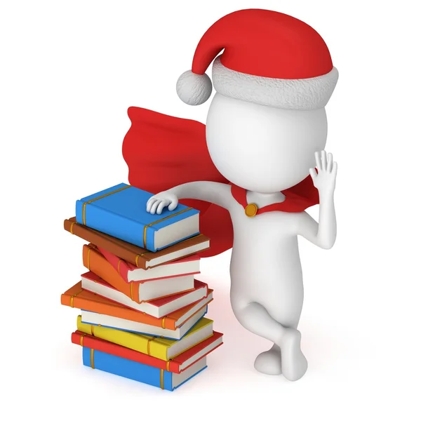 3d santa claus stand near pile of books — Stock Photo, Image