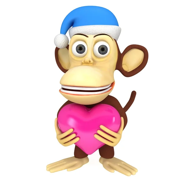 3D lustiger Affe mit Weihnachtsmann-Mütze und rosa Herz — Stockfoto