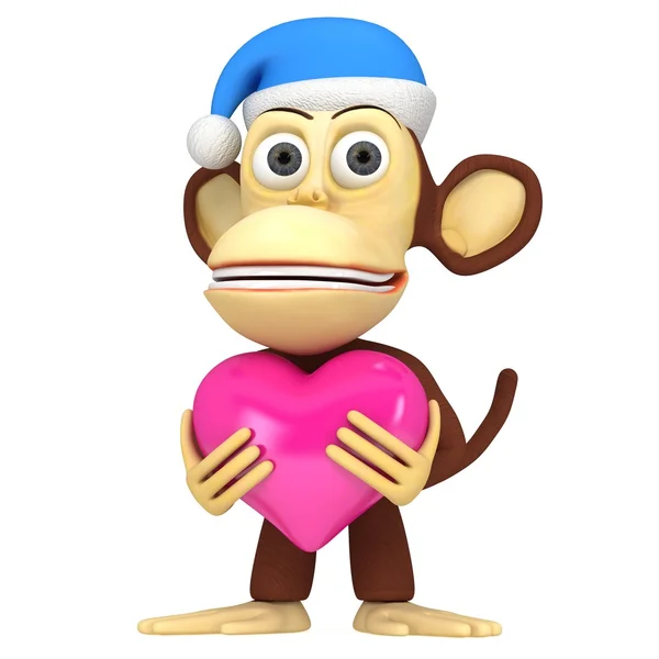 Pembe kalp ile Noel Baba şapkalı 3D komik maymun — Stok fotoğraf