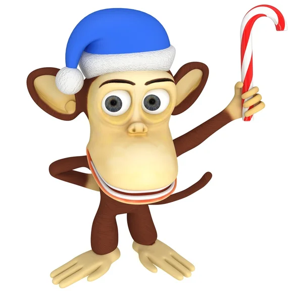 3D αστεία μαϊμού με καπέλο Αϊ-Βασίλη με καραμέλα από ζαχαροκάλαμο — Φωτογραφία Αρχείου