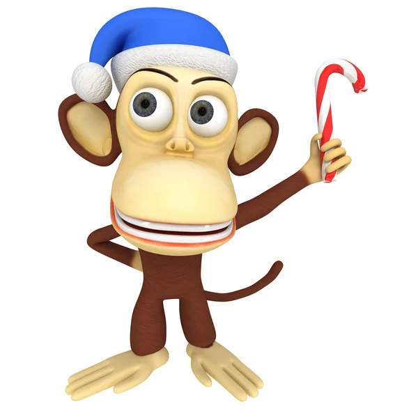 Noel Baba şapkalı şeker kamışı ile 3D komik maymun — Stok fotoğraf