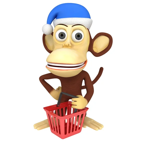 Alışveriş sepeti ile santa claus şapka 3D komik maymun — Stok fotoğraf