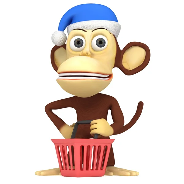3d engraçado macaco em santa claus chapéu com carrinho de compras — Fotografia de Stock