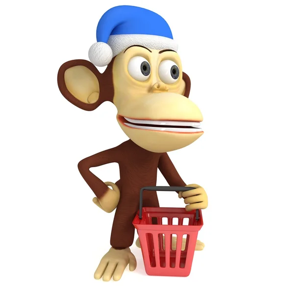 Alışveriş sepeti ile santa claus şapka 3D komik maymun — Stok fotoğraf
