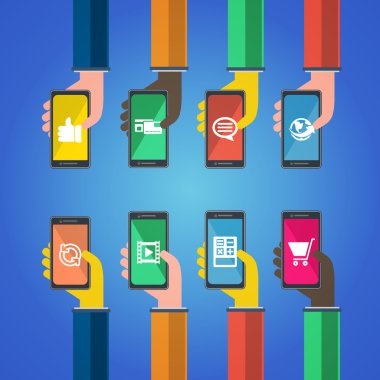 Elinde akıllı telefonlar. Mobil apps kavramı.