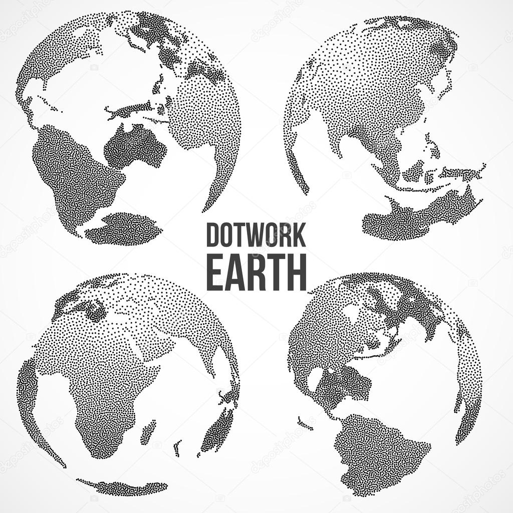 Set of 3D Earth Planet Globe. Vector Dotwork