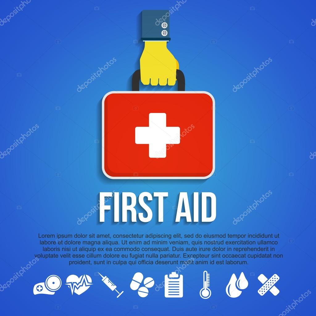 First Aid Kit Concept with hand holding medicine chest with cross and healthcare icons flat vector illustration