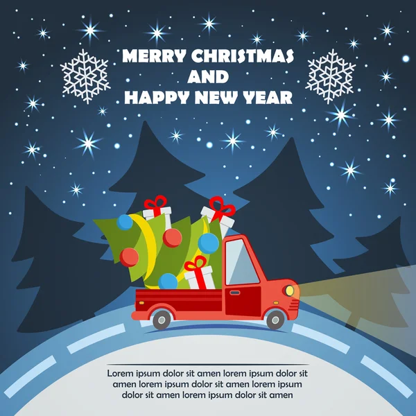 Christmas and New Year Greeting Card with Gift Delivery Van — Stock Vector