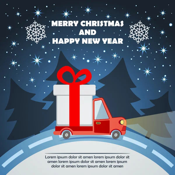 Christmas and New Year Greeting Card with Gift Delivery Van — Stock Vector