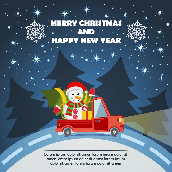 Christmas and New Year Greeting Card with Gift Delivery Van — Stock Vector
