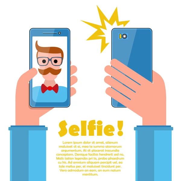 Selfie poster with hipster holding smartphone vector. — Stock Vector